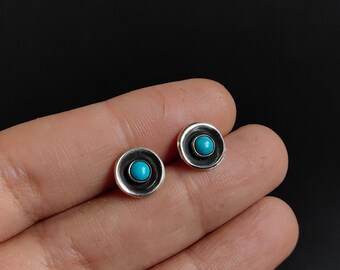 Small natural turquoises and silver round studs, Darkened simple everyday earrings, Cute Dainty, wabi sabi style, Original jewelry