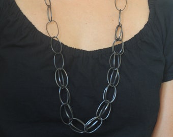 Long Black handmade chain, free form statement necklace, wearable art, stylish monochrome sculptural, industrial avant garde metalwork