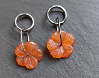 Hand-carved orange gemstone earrings, dangle and drop, unique statement jewelry for spring and summer, floral design, perfect gift for her.