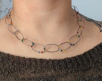 Fun Colorful Crystal Beaded Chain, Metallic, Lightweight oxidized silver artisan made chain, hammered choker, Crystal chain