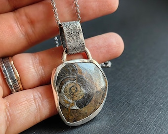Unisex Handmade Natural fossil Ammonite pendant, Rustic dark silver pendant, Bohemian Necklace, Science gift, handmade jewelry, Wabi sabi