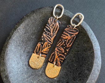 Poetic Botanical Long Drop Earrings: Copper, gold-plated brass & sterling silver. Etched flower wabi sabi design. Unique earrings