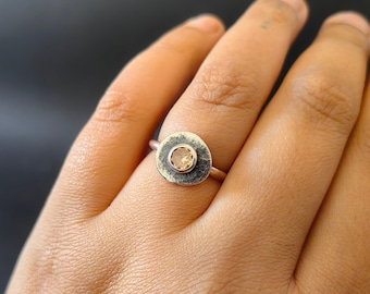 Unique rustic champagne zircon ring, Single stone silver ring, Antiquity inspired,  Handmade jewelry in your size, Rough  wabi sabi style