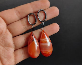 Boho Long Orange Agate Round Gemstone earrings, Raw Industrial Recycled Silver, Everyday earrings, Textured Rough wabi sabi, Unique design