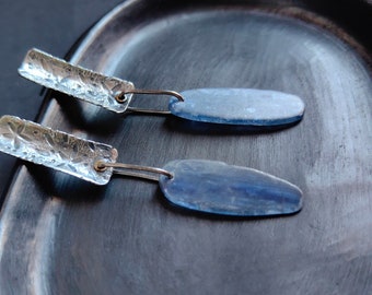 Long light blue kyanite crystal drop earrings with floral textured pattern, Botanical design silver jewelry , wabi sabi handcrafted jewelry.