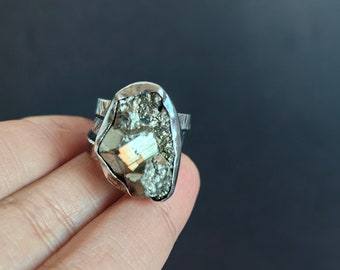 Silver on Silver Rough pyrite ring, Gift Ideas Artistic wabi sabi Handmade Jewelry Boho special, ring stamped texture, Black wide band