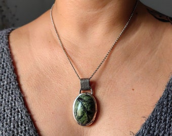 Big Bold Green Jasper Pendant, Handmade Sterling silver jewelry, Men's or Women's Padlock Necklace, Rustic bold wabi sabi