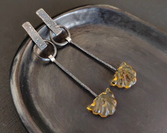 Natural Flower Carved Amber long stud earrings, Delicate textured sterling silver, Handcrafted , Wabi sabi Botanical Creative Jewelry