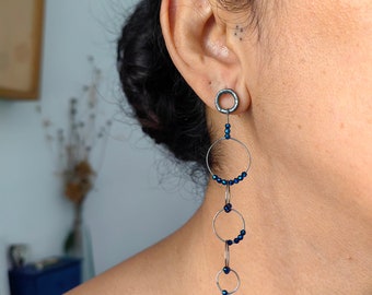 Dark Blue Pyrite Tiny Beaded Earrings, Lightweight, Oxidized Silver Long Circle Kinetic Earrings, Artisan Handmade Jewelry