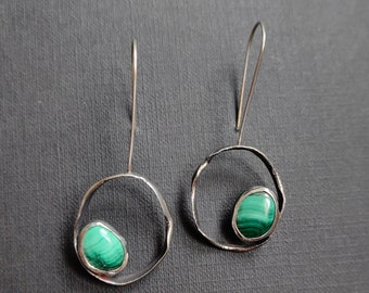 Rustic Circles long dangle earrings, Wabi sabi Artisan made silver stamped earrings with green malachite, textured handmade jewelry OAK