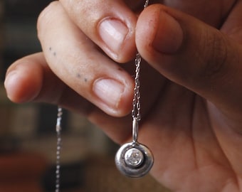 Oxidized Silver Zircon Pebble Necklace: Rustic Charm Pendant