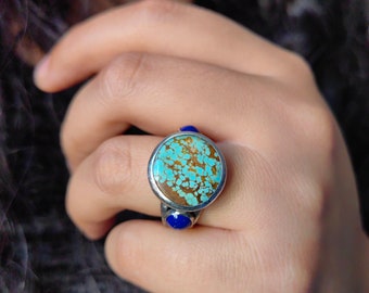 Genuine round turquoise and lapis lazuli sterling silver ring, Bohemian Mexico inspired Jewelry, Rustic Gemstone handmade ring , US size 8