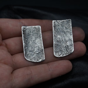 Large wabi sabi Raw silver studs Oxidized silver rectangle earrings Modern Bohemian Bold Everyday design Statement earrings Strong primitive image 9