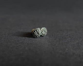 Dainty Sterling Silver Flower Studs: Oxidized Boho Earrings