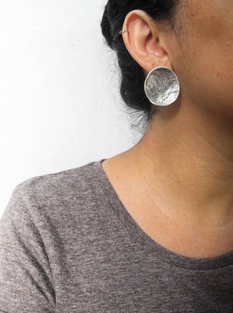 Large disc earrings Raw silver studs Oxidized silver circle earrings Modern Bohemian Wabi sabi design Statement earrings Strong primitive