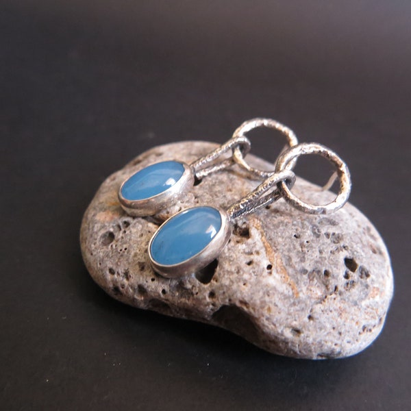 Unique Rough Textured Blue Chalcedony Dangle Earrings, Handmade Statement Jewelry, Simple Small Rough Earrings, Everyday 925 Silver