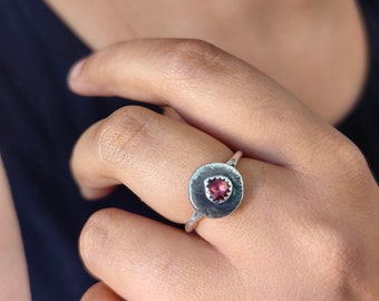 Unique pink faceted tourmaline ring, Single stone silver ring, Antiquity inspired,  Handmade sterling silver jewelry,  wabi sabi style