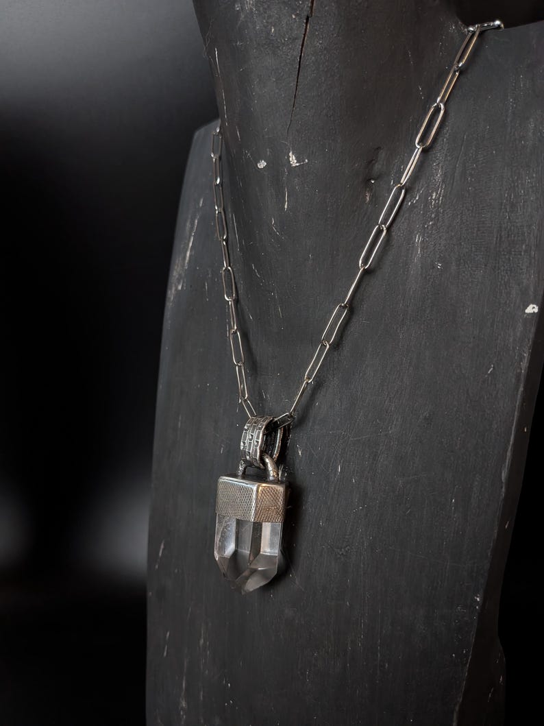 Oxidized Sterling Silver Clear Quartz Point Pendant Necklace - Raw Crystal Jewelry image 5