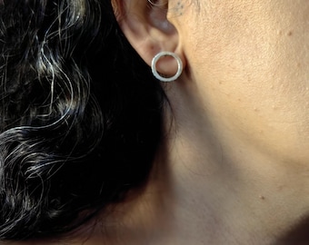 Dainty Sterling Silver Circle Studs: Rustic Minimalist Earrings