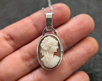 Italian Shell Cameo Portrait Pendant, Handmade Sterling silver