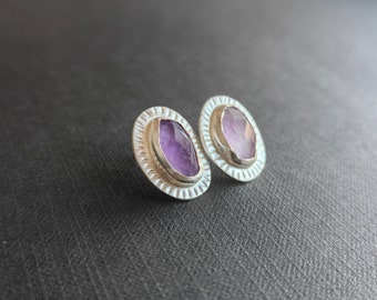 Shiny Faceted Oval Natural Amethyst Crystal Stud Earrings, Small Silver Stamped Earrings, Textured Handmade Jewelry, Wabi Sabi,