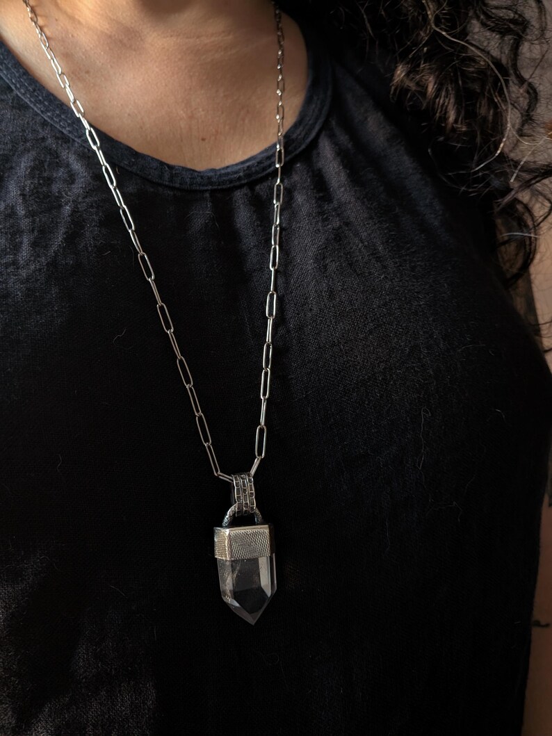 Oxidized Sterling Silver Clear Quartz Point Pendant Necklace - Raw Crystal Jewelry image 4
