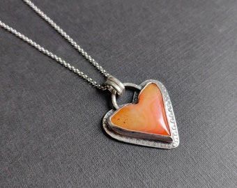 Fun Bold Heart Pendant OAK, Orange agate stone Pebble, Handmade Sterling Silver Jewelry, Gift Ideas, Wabi Sabi