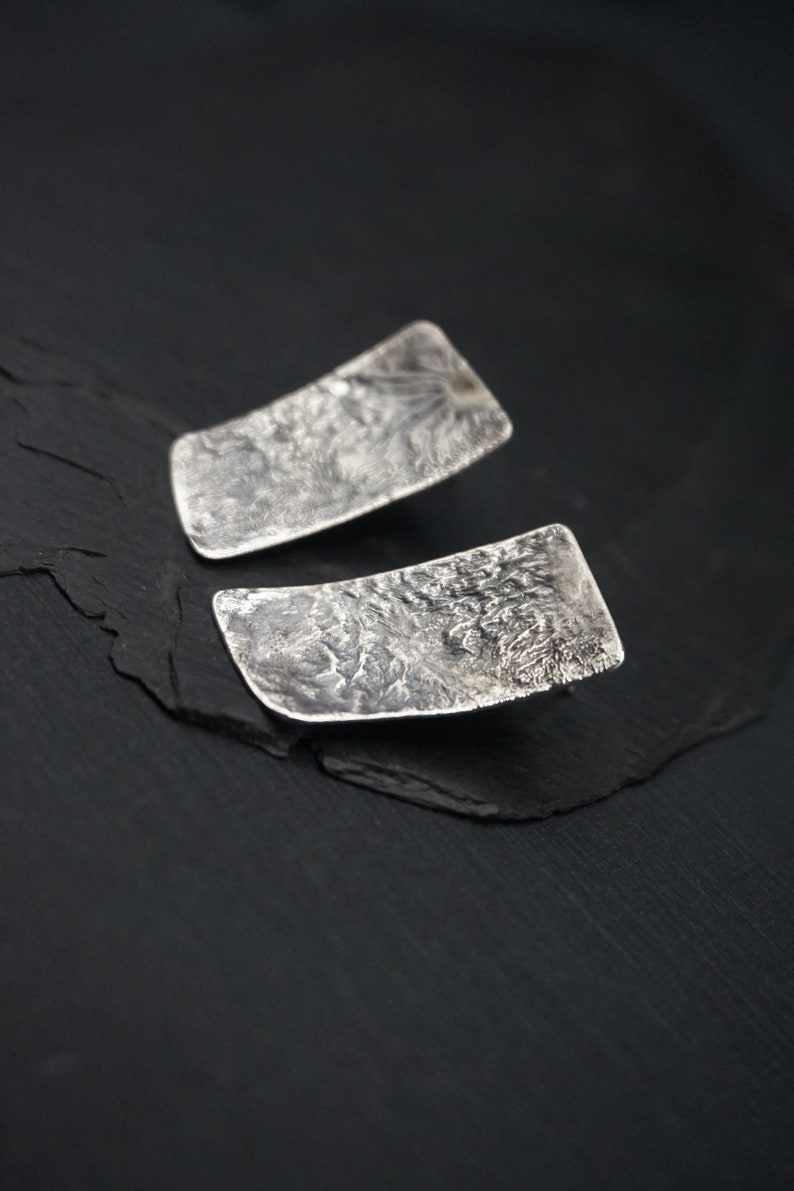 Large wabi sabi Raw silver studs Oxidized silver rectangle earrings Modern Bohemian Bold Everyday design Statement earrings Strong primitive Oxidized finish