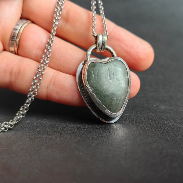 Bold Heart Pendant, Dark Gray Rough stone Pebble, Handmade Sterling Silver Jewelry, Gift Ideas, Wabi Sabi