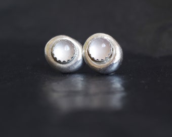 Oval rose quartz Silver Studs, Pink Stone Earrings, Natural Gemstone Earrings, Crystal Birthstone Jewelry, Small  Rustic post earrings