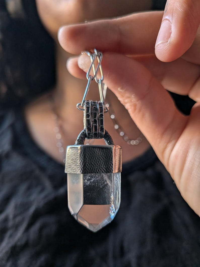 Oxidized Sterling Silver Clear Quartz Point Pendant Necklace - Raw Crystal Jewelry image 1