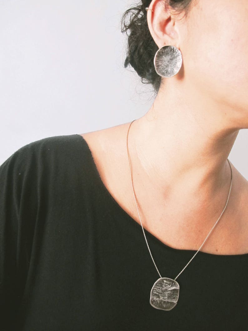 Large disc earrings Raw silver studs Oxidized silver circle earrings Modern Bohemian Wabi sabi design Statement earrings Strong primitive