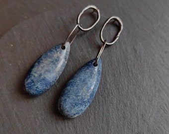 Long blue Jasper Drop Earrings, Handmade Sterling Silver Rustic Bead Earrings, Handmade Earrings for Her, Wabi sabi silver jewelry