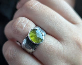 Nature-Inspired Etched Silver Ring with Vesuvianite  , Floral Design,OAK
