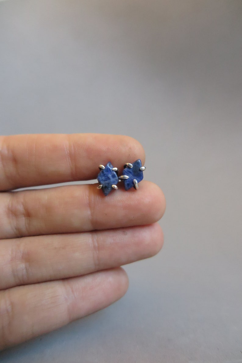 Handmade Sterling Silver Stud Earrings with Rough Claw Prong Setting, Simple and Elegant Natural Sodalite Stones, Unisex Accessories image 2