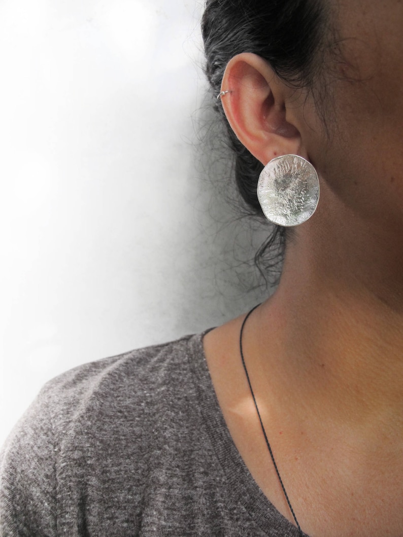 Large disc earrings Raw silver studs Oxidized silver circle earrings Modern Bohemian Wabi sabi design Statement earrings Strong primitive