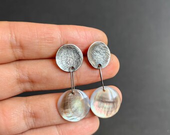 Little round brown mother of pearl and sterling silver earrings, Wabi sabi style, Iridescence, Sterling silver shell earrings, Sweet gifts