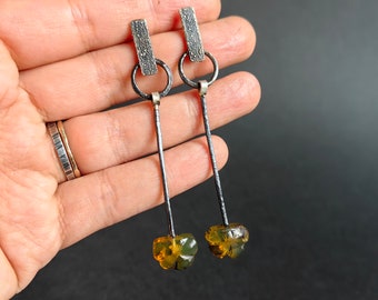 Natural Flower Carved Amber long stud earrings, Delicate textured sterling silver, Handcrafted , Wabi sabi Botanical Creative Jewelry