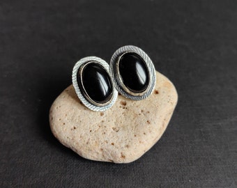 Big gemstone and sterling silver oval stud earrings, Onyx, Black earrings, Aesthetic earrings, Special Chic Rustic silver handmade jewelry