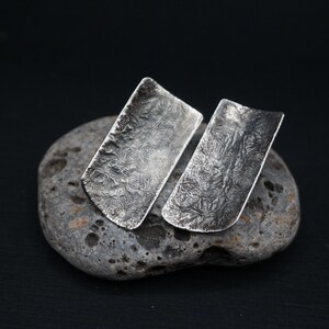 Large wabi sabi Raw silver studs Oxidized silver rectangle earrings Modern Bohemian Bold Everyday design Statement earrings Strong primitive image 8