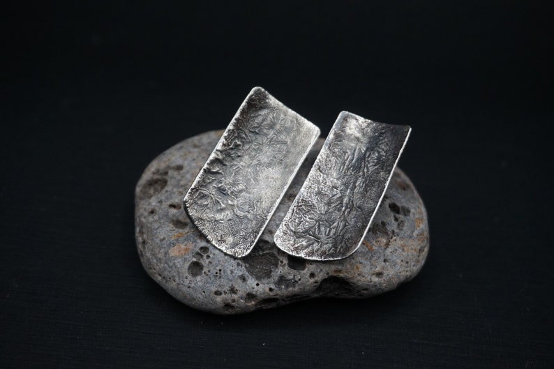 Large wabi sabi Raw silver studs Oxidized silver rectangle earrings Modern Bohemian Bold Everyday design Statement earrings Strong primitive image 8