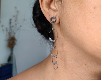 Dainty  Labradorite  Beaded Earrings, Lightweight, Oxidized Silver Long Circle Kinetic Earrings, Artisan Handmade Jewelry