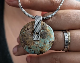 Turquoise Silver Pendant, Natural Donut Stone Necklace, Handmade Artisan Jewelry