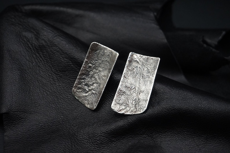 Large wabi sabi Raw silver studs Oxidized silver rectangle earrings Modern Bohemian Bold Everyday design Statement earrings Strong primitive image 2