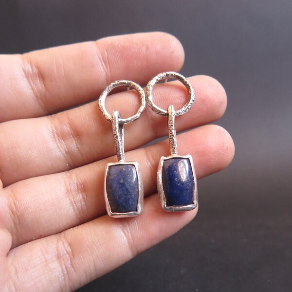 Unique Rough Textured Dark Blue Sodalite Rectangle Dangle Earrings, Handmade Statement Jewelry, Simple Small Wabi Sabi Earrings, 925 Silver
