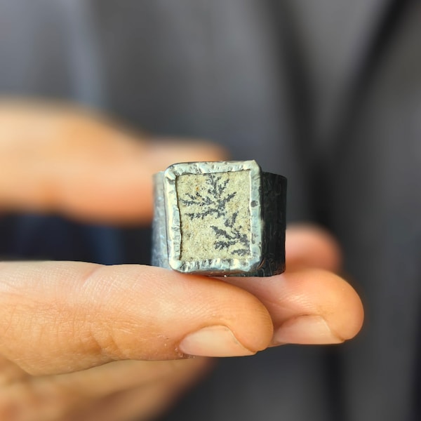 Dendritic limestone, Rustic Jewelry, Brown fossil ring, Wide sterling silver ring,  Unique rings, Raw texture ring, Rough wide band ring