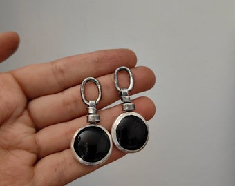 Black onyx and silver earrings, Industrial wrap dangle earrings, Wabi Sabi rustic jewelry, Everyday wear statement earrings