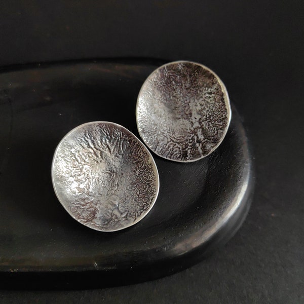 Large Silver disc earrings, Raw silver earrings, Simple everyday wear , Bold Style, Bohemian, Wabi sabi Statement earrings, Rustic Jewelry