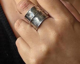 Wide Textured Silver Ring, Raw Industrial Band, Chunky Oxidized Silver