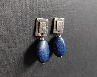 Oval lapiz lazuli and sterling silver earrings, Wabi sabi style, Dark blue, Handmade industrial jewelry, wabi sabi, Sweet gifts for her